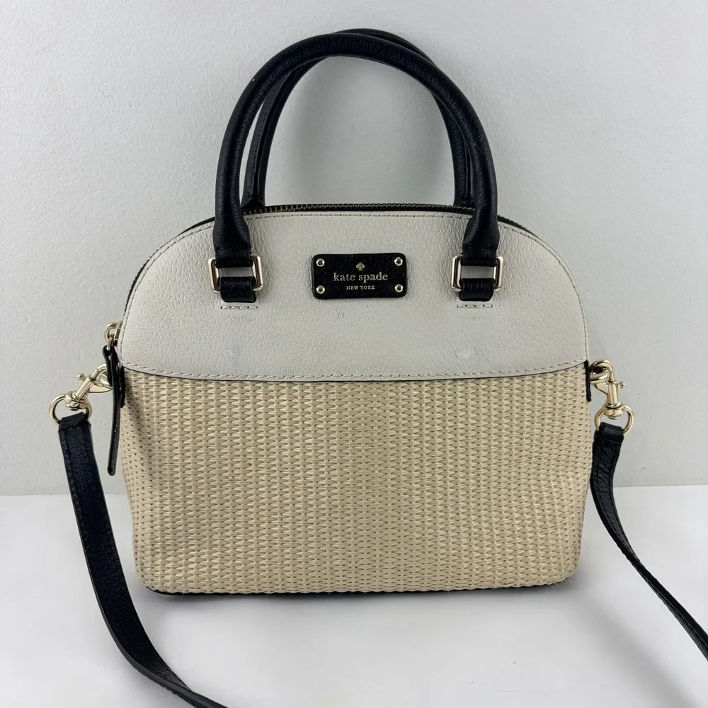 Kate Spade Reiley Straw Dome Satchel Crossbody Bag Cream Black Leather Woven